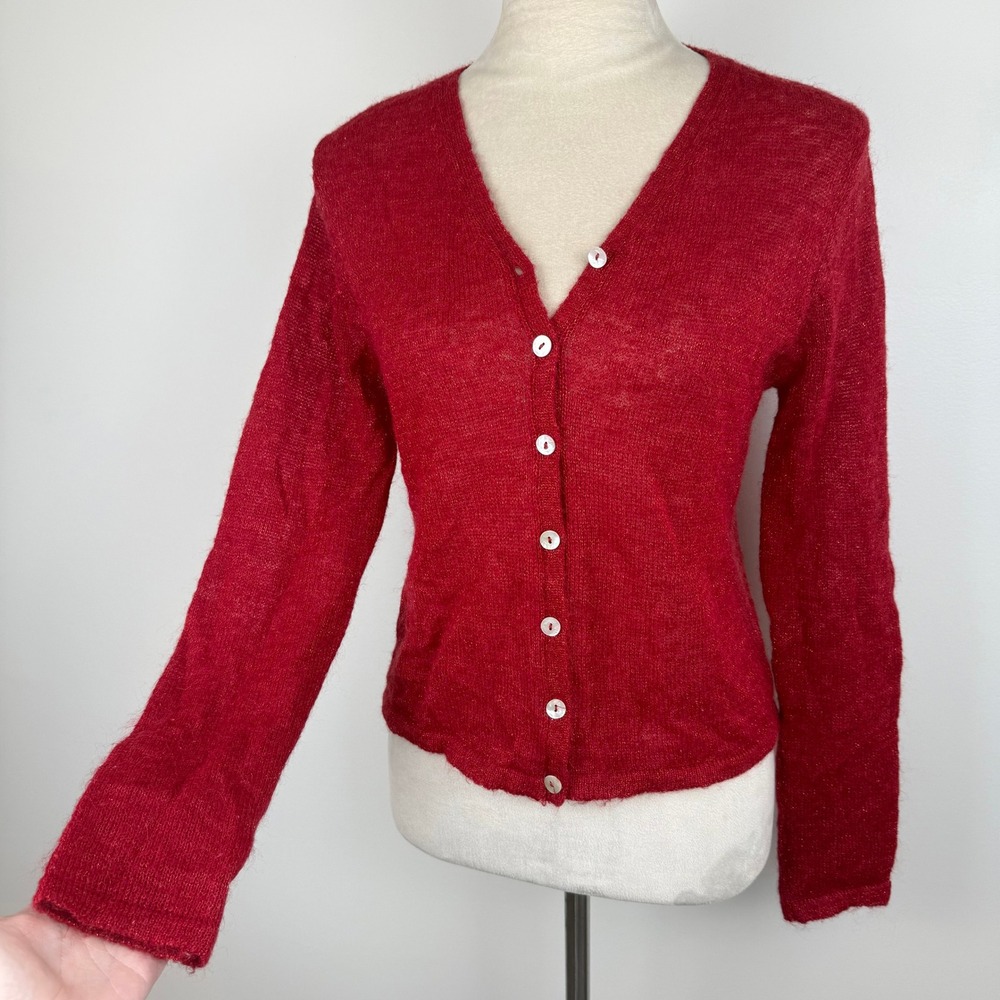 VTG 90's Q&A Red Metallic Shimmer Wool Blend VNeck Button Front Cardigan Sweater